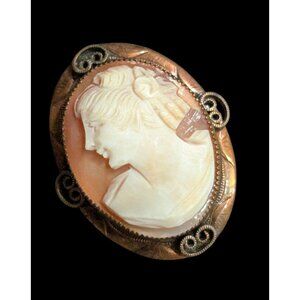 Antique Shell Cameo Brooch Pin Ornate Gold-Tone Frame Art Nouveau Design